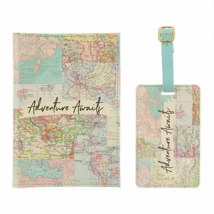 Paspoort hoesje + bagagelabel COLLAGE vintage world map