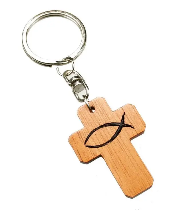 Sleutelhanger kruis hout vis